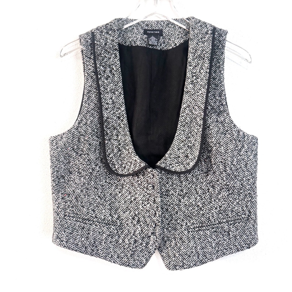 Spense Black White Herringbone Tweed Vest Waistcoat Shawl Collar Preppy Classic